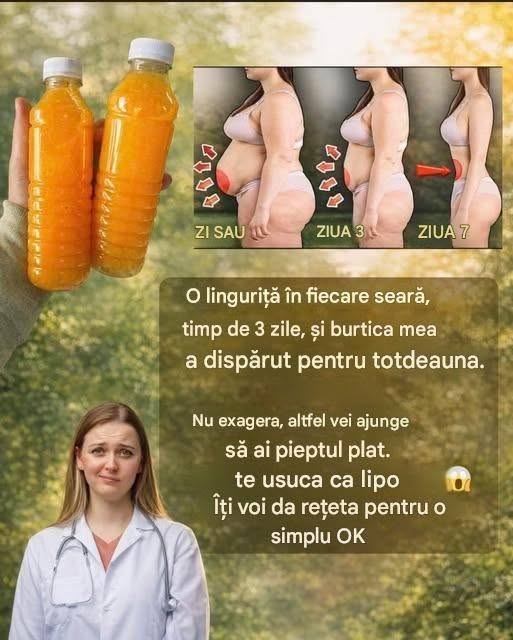O linguriță în fiecare seară, timp de 3 zile, și burtica mea a dispărut pentru totdeauna. Nu exagera, altfel vei ajunge plată. Te usucă ca liposucția…
