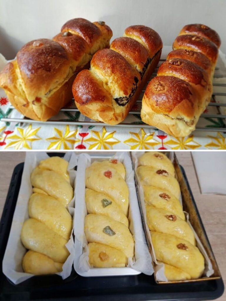 Desert cozonaci cu aluat oparit umpluti cu nuca, mac si rahat