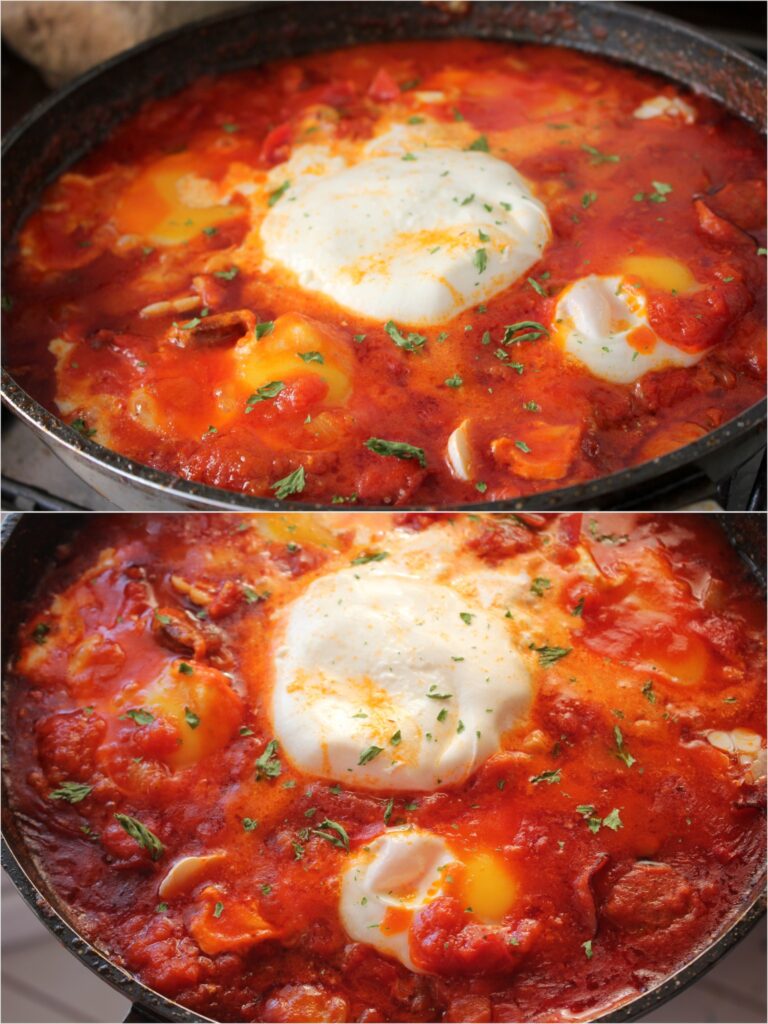 🍳 Șakșuka (Shakshuka) cu Ouă și Mozzarella: Micul Dejun Perfect într-o Singură Tigaie!