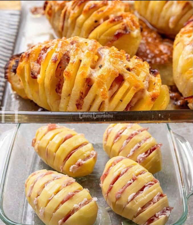 🥔 Cartofi Hasselback umpluți cu cașcaval și bacon – delicioși, rumeni și extrem de apetisanți! O rețetă simplă care va impresiona pe toată lumea! 😋🧀 👉 Rețeta completă pas cu pas și timpul de coacere le găsești în primul comentariu! 👇👇