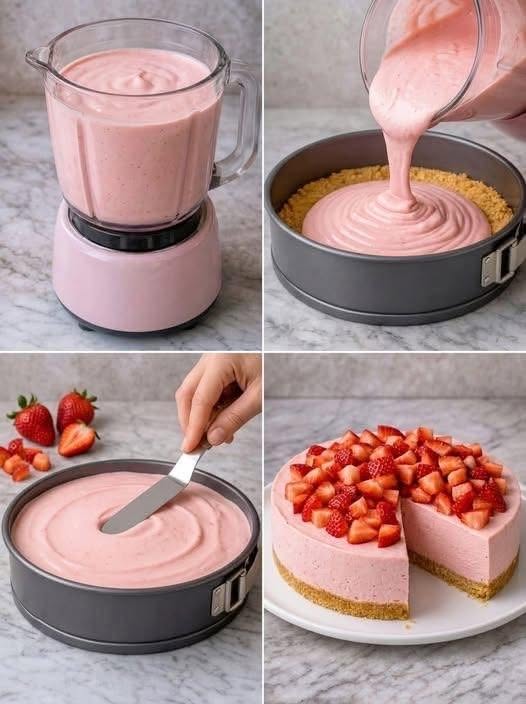 🍓🍰 Cheesecake cu căpșune fără coacere – un desert fin, cremos și irezistibil! 😍❤️