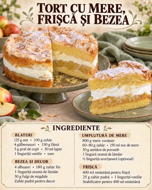 🍎 Tort cu mere, frișcă și bezea – Un desert delicat, cu straturi fragede și cremoase! 🍰✨