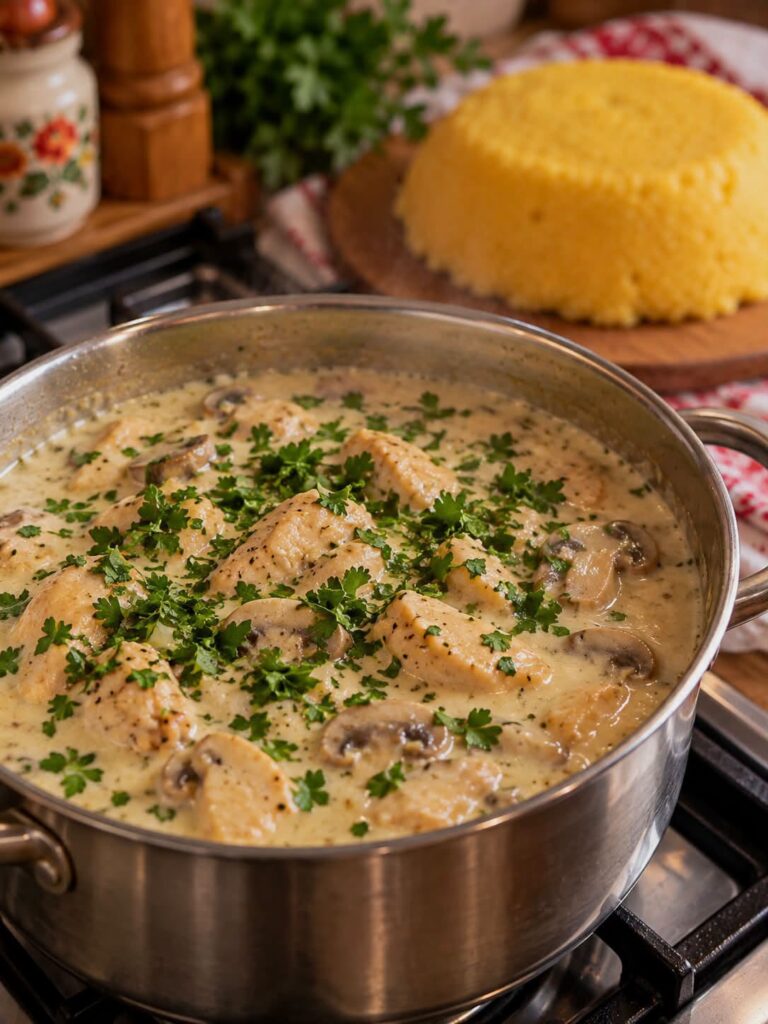 🍗🌿 Ciulama de pui cu mămăliguță – mâncare gustoasă, ca la mama acasă! ❤️