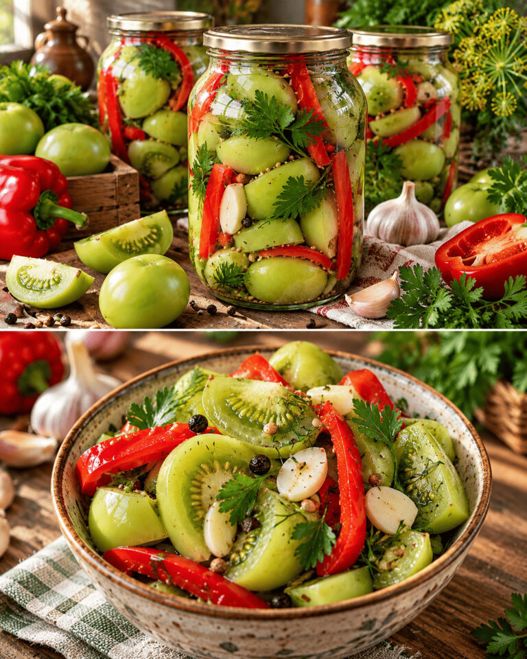 🍅 Roșii verzi murate cu ardei roșu – Crocante, aromate și pline de savoare! 🌶️✨